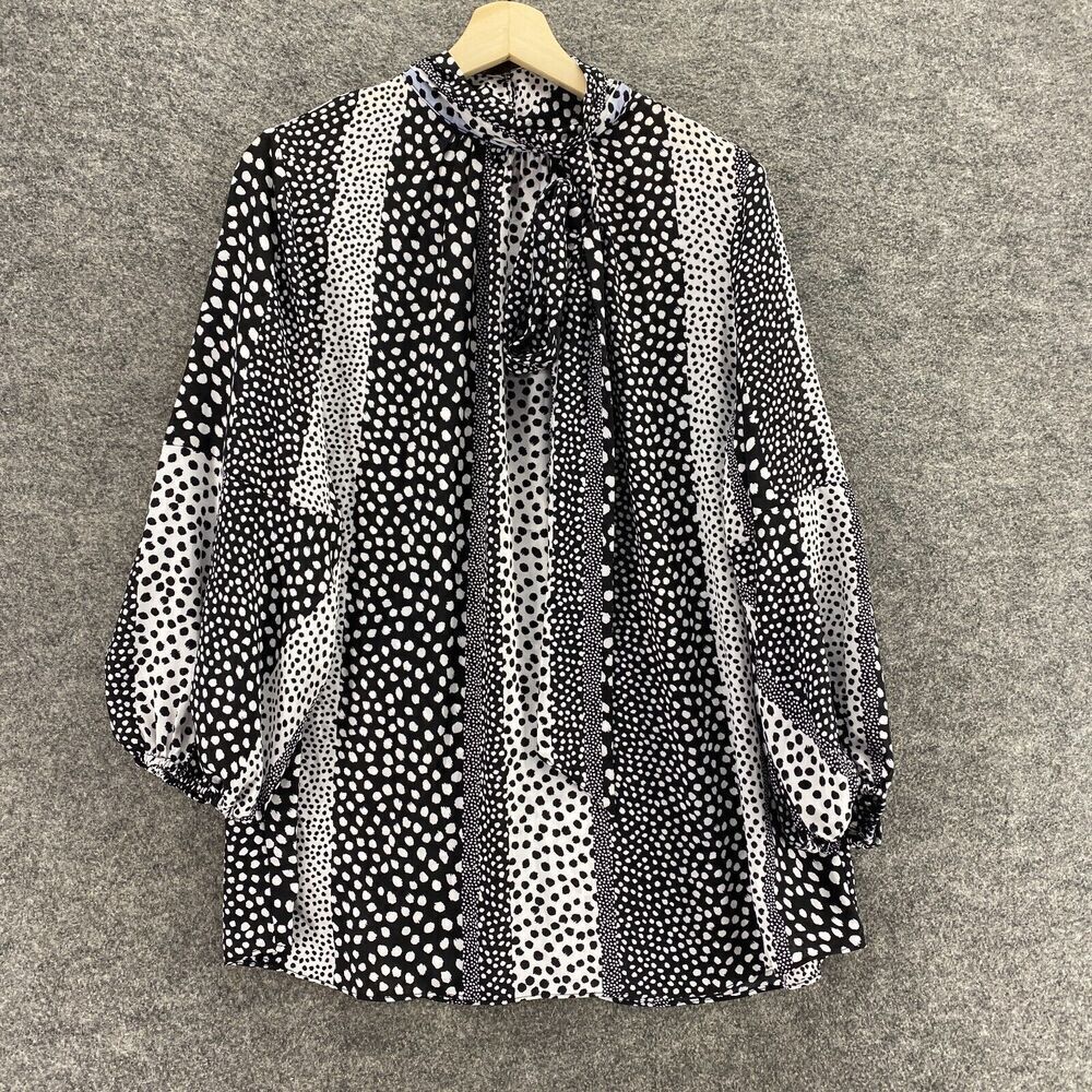 New Ashley Stewart Blouse Women 10/12 Black Polka Dot High Neck 3/4 Sleeve